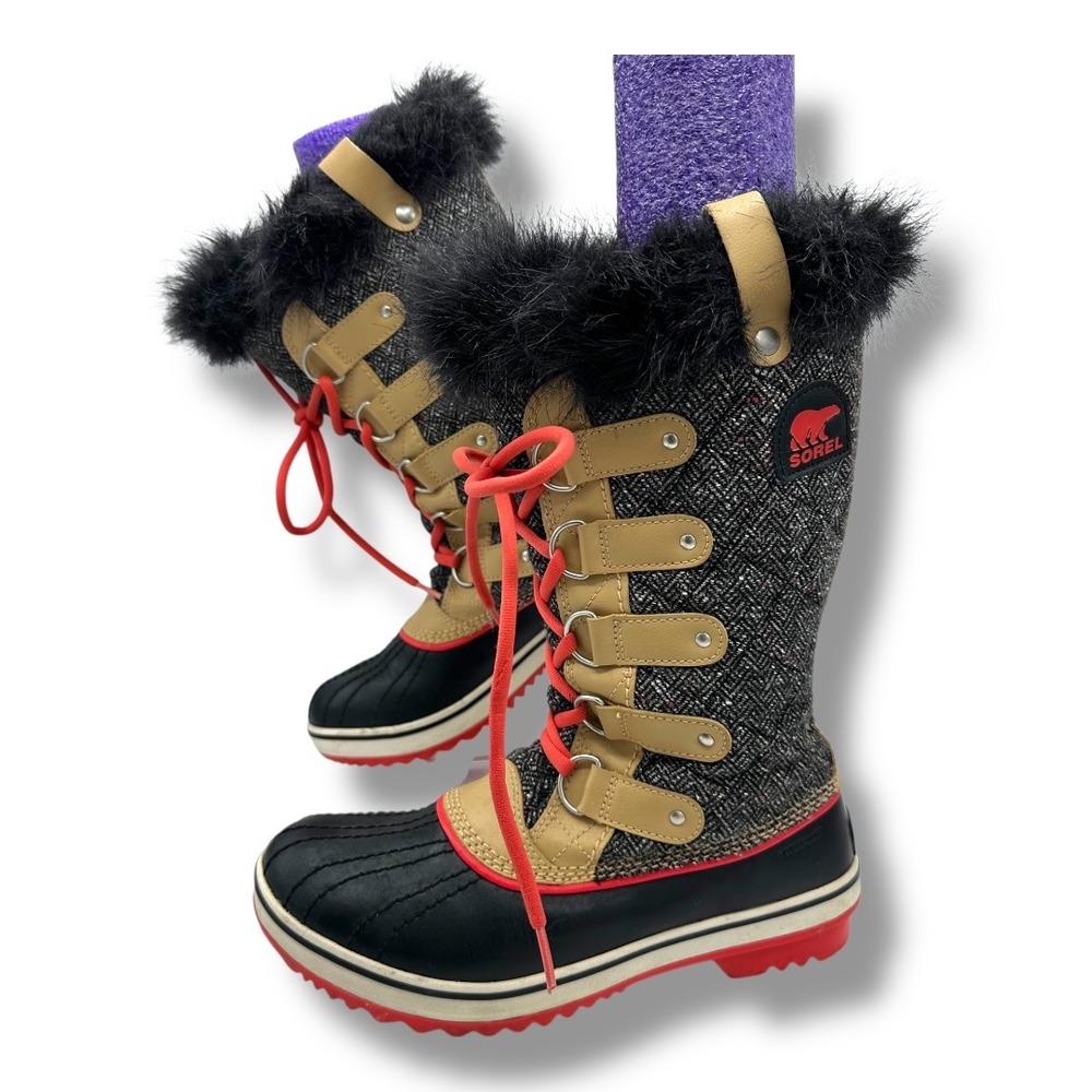 Sorel Torfino Herringbone Wmn Winter Boots Waterproof Faux Fur Black Tan Red 7.5